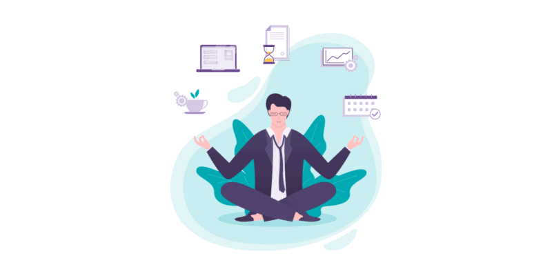 Ilustração de um homem meditando. Ao redor dele há ícones representando o trabalho, gráficos e computador