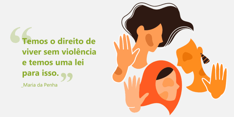 Ilustração com a frase: “Temos o direito de viver sem violência e temos uma lei para isso. Maria da Penha.” Ao lado da frase, há 3 mulheres com a mão estendida em sinal de “pare”