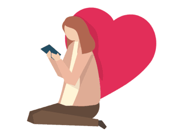 Ilustração de uma mulher sentada olhando seu celular, atrás dela tem um coração rosa gigante