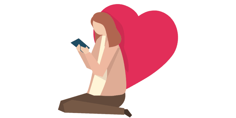 Ilustração de uma mulher sentada olhando seu celular, atrás dela tem um coração rosa gigante