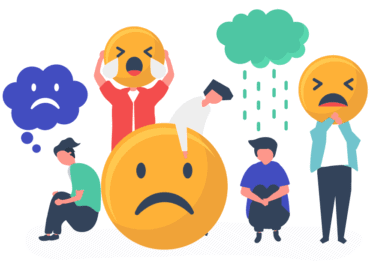 ilustração de com 4 homens em diferentes posições, ao lado e à frente há emojis tristes e nuvem com chuva, demonstrando tristeza e depressão