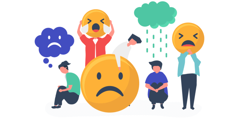 ilustração de com 4 homens em diferentes posições, ao lado e à frente há emojis tristes e nuvem com chuva, demonstrando tristeza e depressão