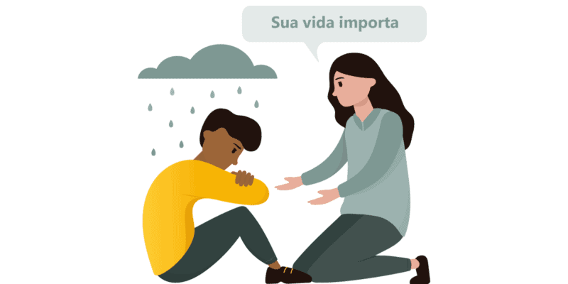 Ilustração de um homem sentado ao chão, com semblante triste. À sua frente tem uma mulher oferecendo sua mão como ajuda e um balão onde se lê a frase: “sua vida importa”.