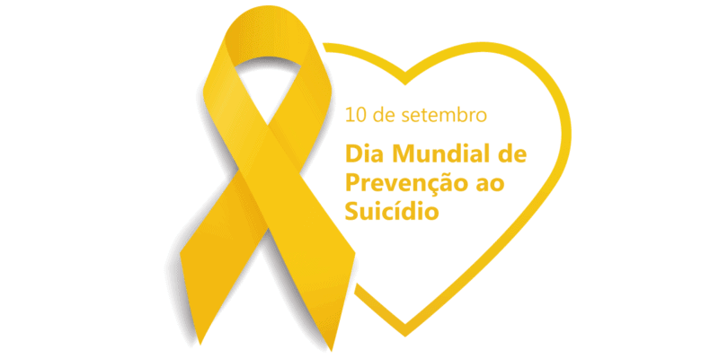 Ilustração de um laço amarelo e um coração na mesma cor. Dentro do coração estão os dizeres: 10 de setembro dia mundial de prevenção ao suicídio