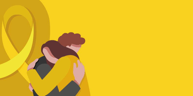 Ilustração de um homem e uma mulher se abraçando. O fundo é amarelo e tem um laço amarelo do lado esquerdo, simbolizando o setembro amarelo.