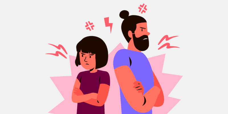 Ilustração de um casal estressado. Eles estão bravos e de costas um para o outro.