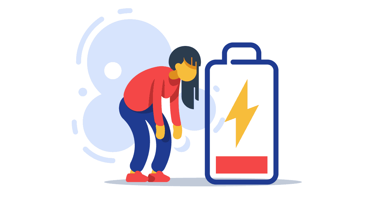 Ilustração de uma mulher cansada e ao lado dela tem uma bateria descarregada, sinalizando que ela está com síndrome de Burnout