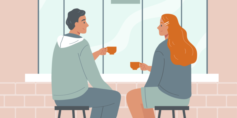 A ilustração apresenta um casal conversando enquanto tomam café.