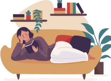 A ilustração apresenta uma mulher deitada no sofá, lendo um livro enquanto relaxa.