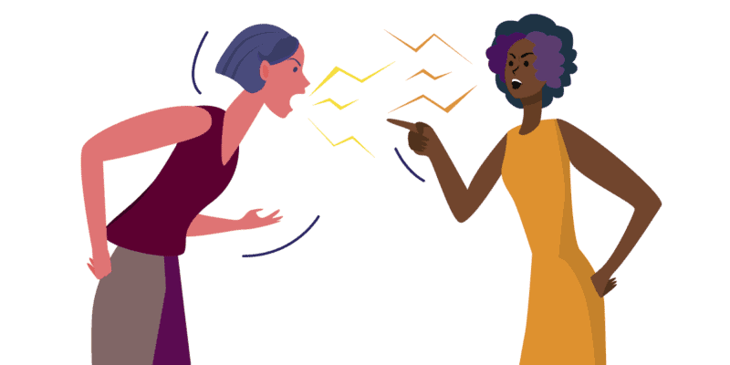 A ilustração apresenta duas mulheres gritando uma com a outra, representando um relacionamento tóxico.