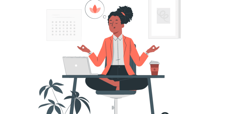 A ilustração apresenta uma mulher meditando em sua cadeira, em frente ao seu computador.