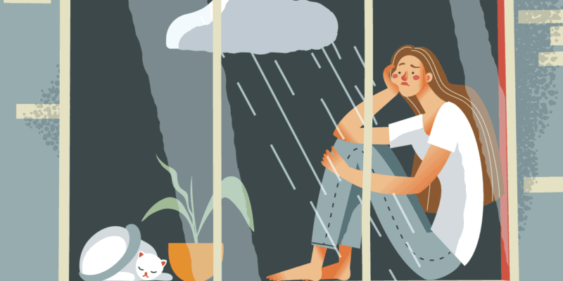 A ilustração apresenta uma mulher sentada em frente a janela, com um olhar triste enquanto observa a chuva, representando a depressão.