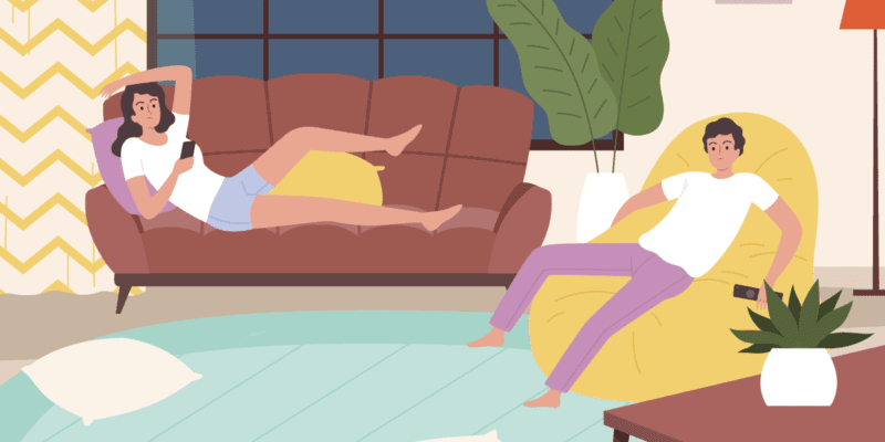 A ilustração apresenta um homem e uma mulher, ambos descansando no sofá e poltrona, de forma que apresente o tema dos motivos para você descansar sem culpa..